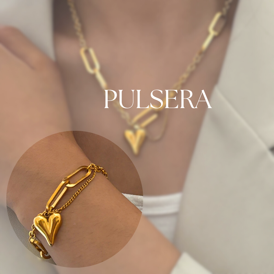 COLLAR Y PULSERA BAÑADO EN ORO 18K- Corazón retro